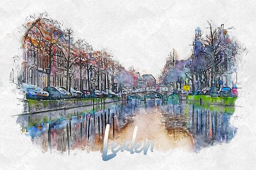 Leiden (waterverf schilderij met plaatsnaam)