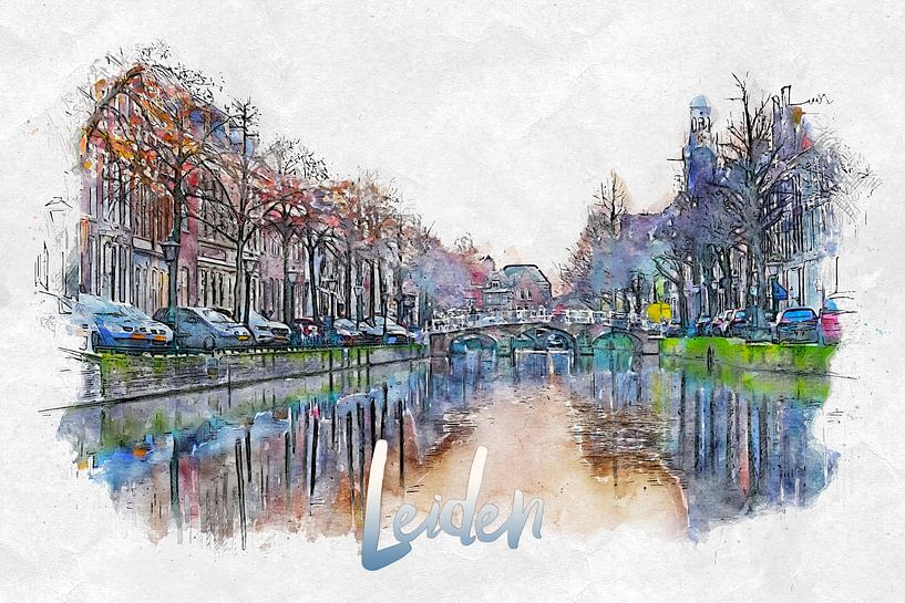 Leiden (Aquarell mit Ortsangabe) von Art by Jeronimo