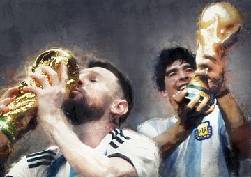 Lionel Messi en Diego Maradona (oilpaint) van Bert Hooijer