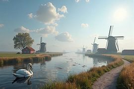 Dutch Water Landscape with Swan and Windmills by Kleurenrijk