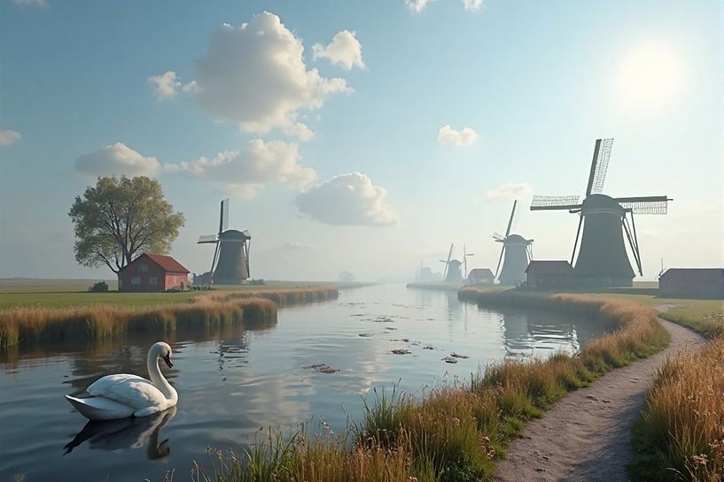Niederländische Wasserlandschaft mit Schwan und Windmühlen von Kleurenrijk