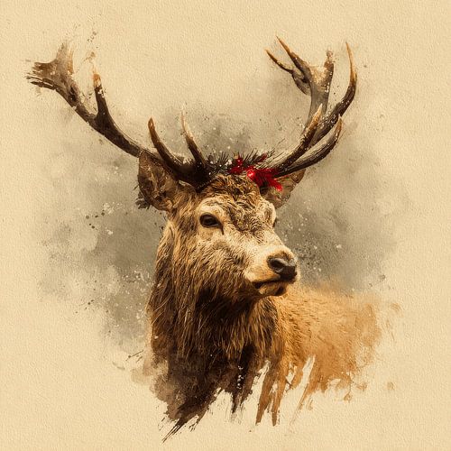 Hert in Feestelijke Rust Klassiek Winterportret met Kerstsfeer