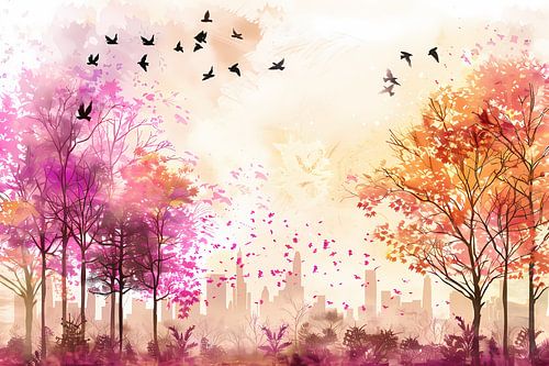 Kleurrijke skyline met herfstbomen en vogels