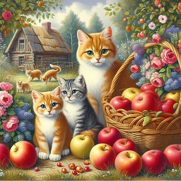 Katzen mit Äpfeln und Blumen von Tatjana Korneeva