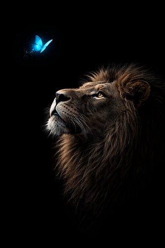 Midnight Grace – Lion « Fine-Art » avec un papillon bleu