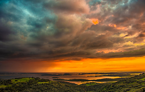 Blue hour over the largest man-made reservoir in Western Europe, Lake Alqueva in Portugal.