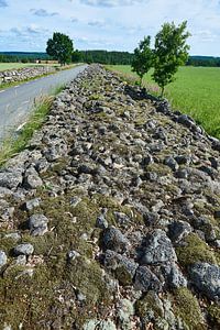 Steinmauer in schwedischer Landschaft