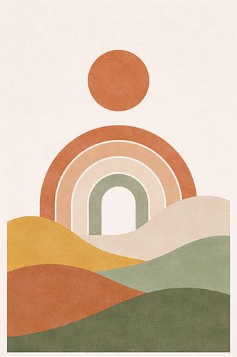 Illustration einer Landschaft im Mid-Century-Modern-Stil mit abstrakten Boho-Elementen und einem Regenbogen über sanften Hügeln