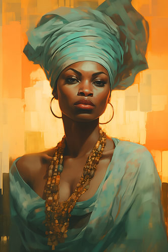 Femme portant un turban vert menthe sur fond orange