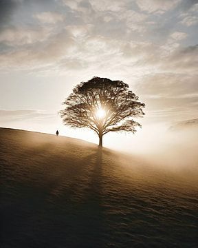Eenzame boom in de zonsondergang van fernlichtsicht