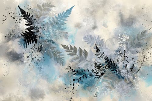 Blauw-grijze abstracte bladeren – Moderne wandkunst