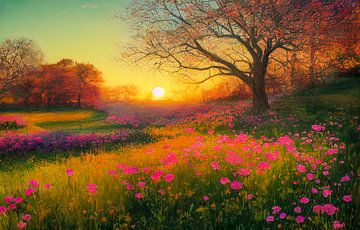 Sonnenuntergang in einem Park im Frühling Illustration von Animaflora PicsStock