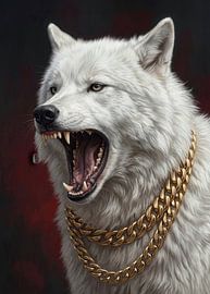 Brüllender weißer Alpha-Wolf mit doppelten Goldketten