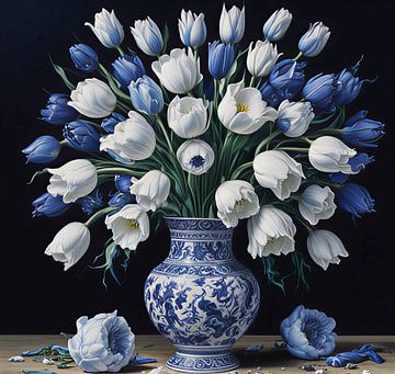Vase bleu Delft avec tulipes blanches et bleues.
