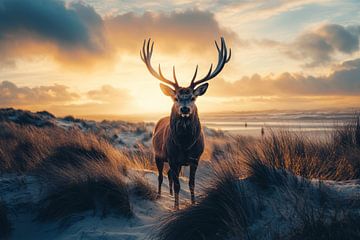 Hert in de Nederlandse duinen, vastgelegd bij zonsopkomst van Digitale Schilderijen