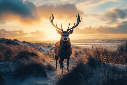 Deer in the Dutch dunes, captured at sunrise