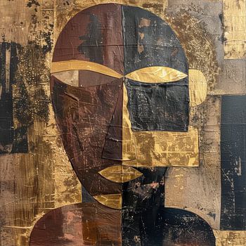 Abstract Tribal Mask with Gold Accents in Earthy Shades