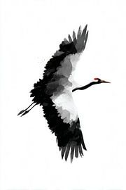 Kranich im Flug – Minimalistisch in Schwarz-Weiß von Eva Lee