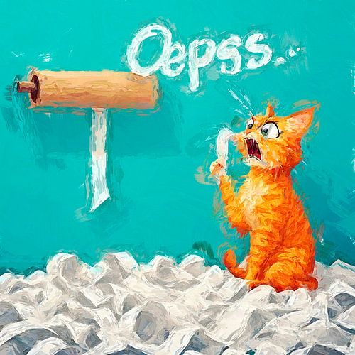 A vintage art poster of a red tomcat using up the last roll of toilet paper on the loo.