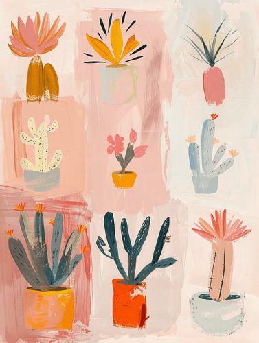 Cheerful illustration of a collection of plants in terracotta, bohemian style