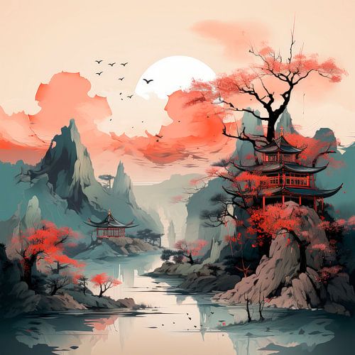 Japanese pagoda by the river under a red sky