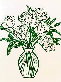 Minimalistische Vase mit grüner Blumen-Strichzeichnung