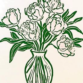 Minimalistische vaas met groene bloemen in lijntekening van IamHome Studio