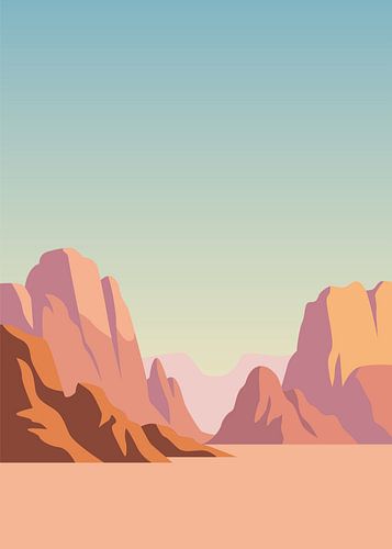 Illustration vectorielle minimaliste représentant un canyon désertique avec d'imposantes formations rocheuses sous un ciel dégagé.