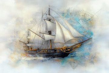 Schilderij van een zeilschip, decoratief, avontuurlijk, reizen van Peter Pen tekeningen en schilderijen