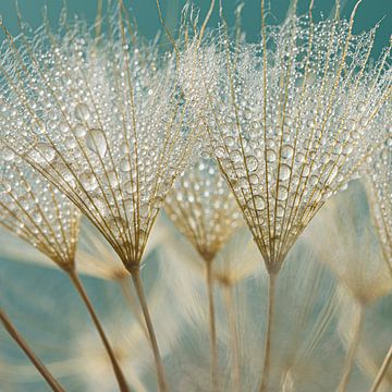 Turquoise / Petrol vierkant: Druppels gevangen in de pluis van een goudkleurige Tragopogon van Marjolijn van den Berg
