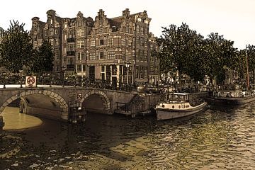 Pendelzeichnung Brouwersgracht Prinsengracht Jordaan Amsterdam Niederlande Gold Zeichnung Strichzeic