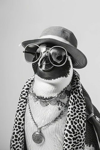 Pinguïn in zwart en wit met hoed en bril