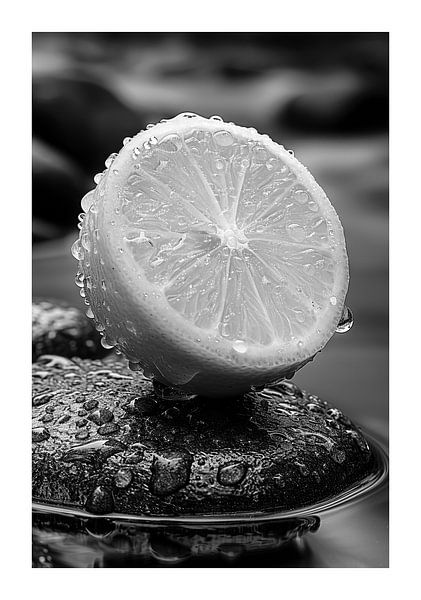 Dewy lemon on a dark background in black and white by Poster Art Shop