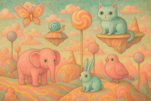 Pastel fantasielandschap vol dieren