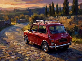Roter Mini Cooper auf einer Straße in der Toskana bei Sonnenuntergang