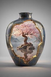 Landschaft in einer Vase – Steinglas mit japanischem Blütenbaum und Wasser
