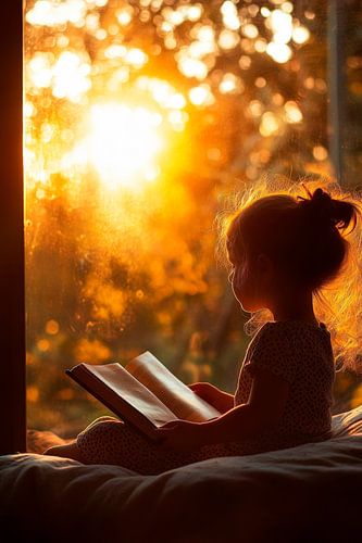Meisje leest in het zonlicht bij het raam
