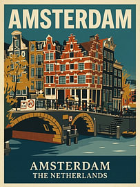 Vintage-Reiseplakat Amsterdam – Herbst an den Grachten mit historischem Eckhaus und Steinbrücke