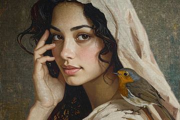 Frau mit ihrem Freund Rotkehlchen