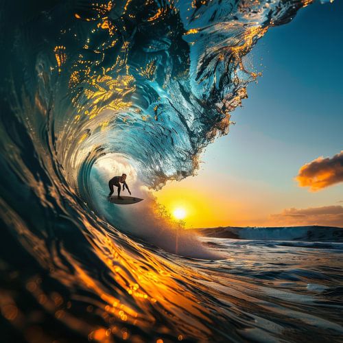 Surfer in de zonsondergang