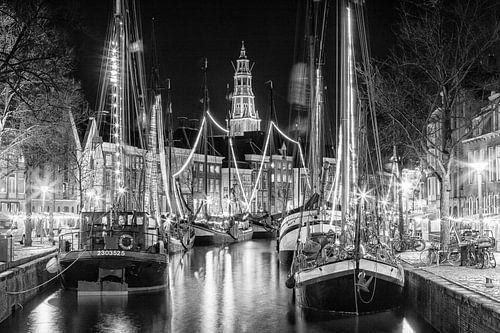 Sailingboats at night in the city of Groningen, Netherlands