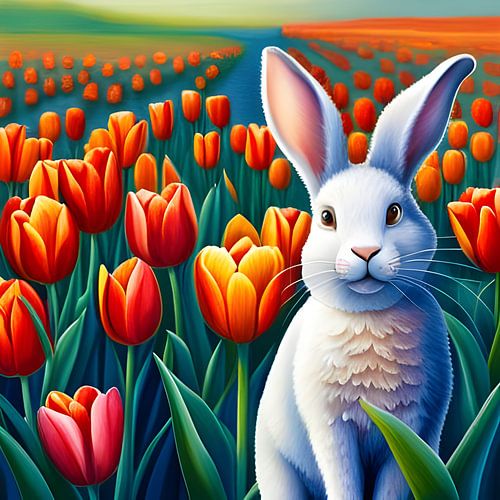 Lapin dans un champ de tulipes - Naive Art