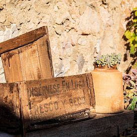 wooden crate against stone wall in sunshine von VIDEOMUNDUM