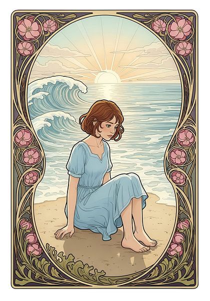 Woman Sitting on Beach with Waves in Framed Illustration by Markus Gann