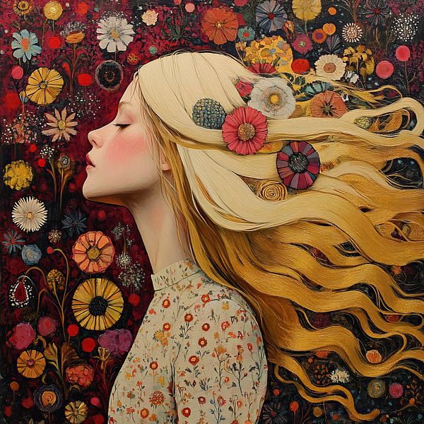 Blonde Vrouw Kleurrijke Bloemen van Blikvanger Schilderijen
