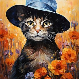 Kat met hoed in een bloemenveld – Kunst van Erika Kaisersot
