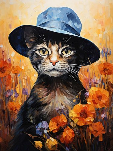 Kat met hoed in een bloemenveld – Kunst