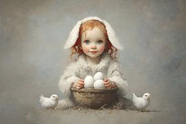 Little Easter bunny in front of the egg basket