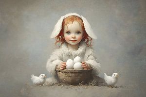Little Easter bunny in front of the egg basket