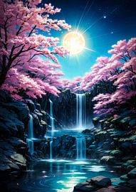 Mondschein-Wasserfall in einem Sakura-Tal von Ruzerin